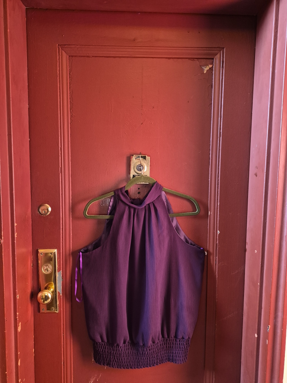 Voice Women's Plum Sleeveles  Blouse With Bow At The Neck-back Size Large